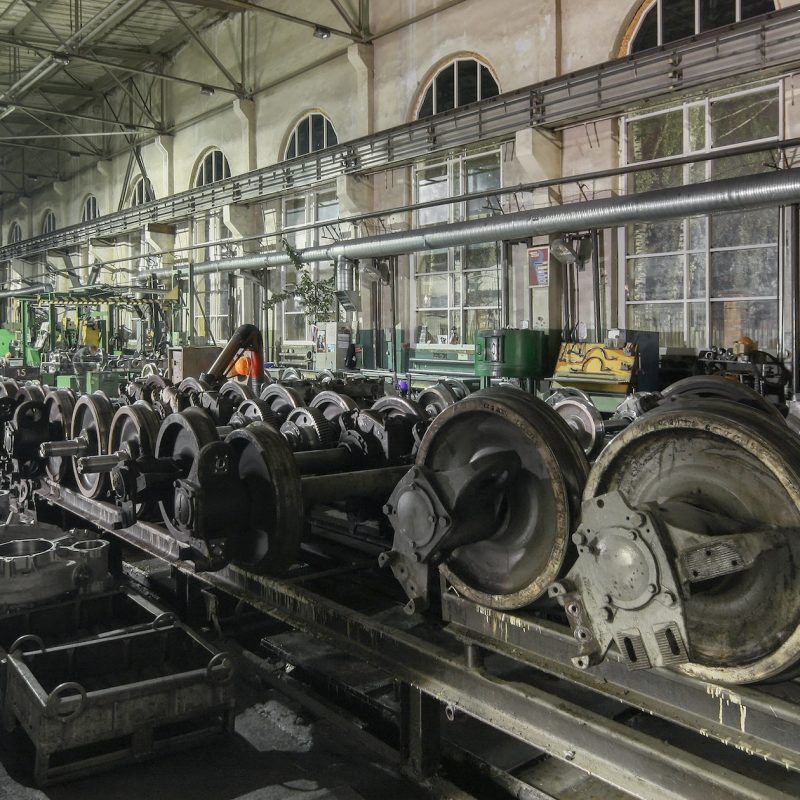 Many railway wheels in the factory
