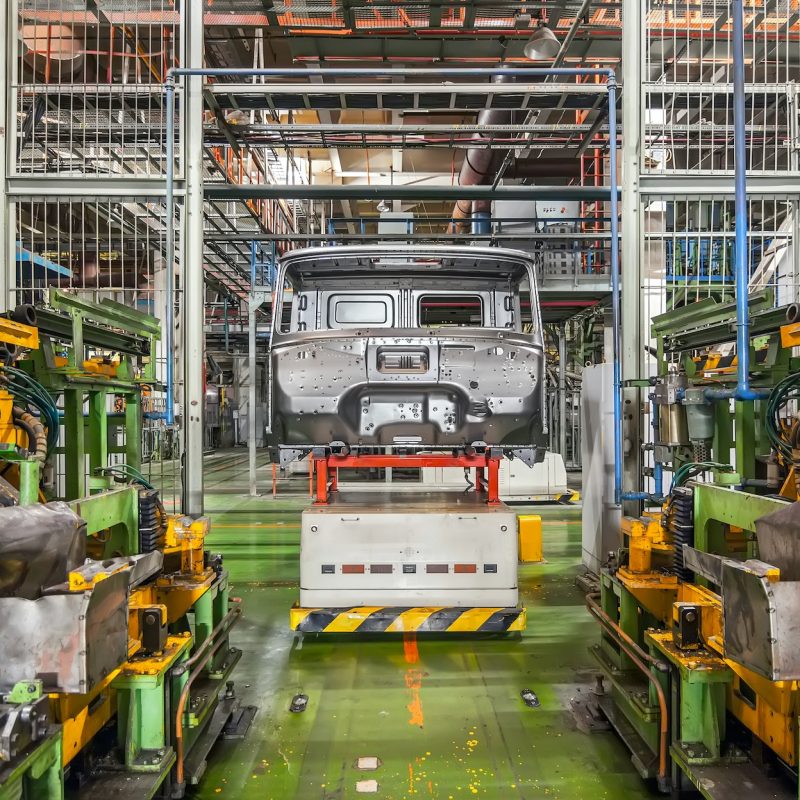 Stopped equipment with car frame in car factory