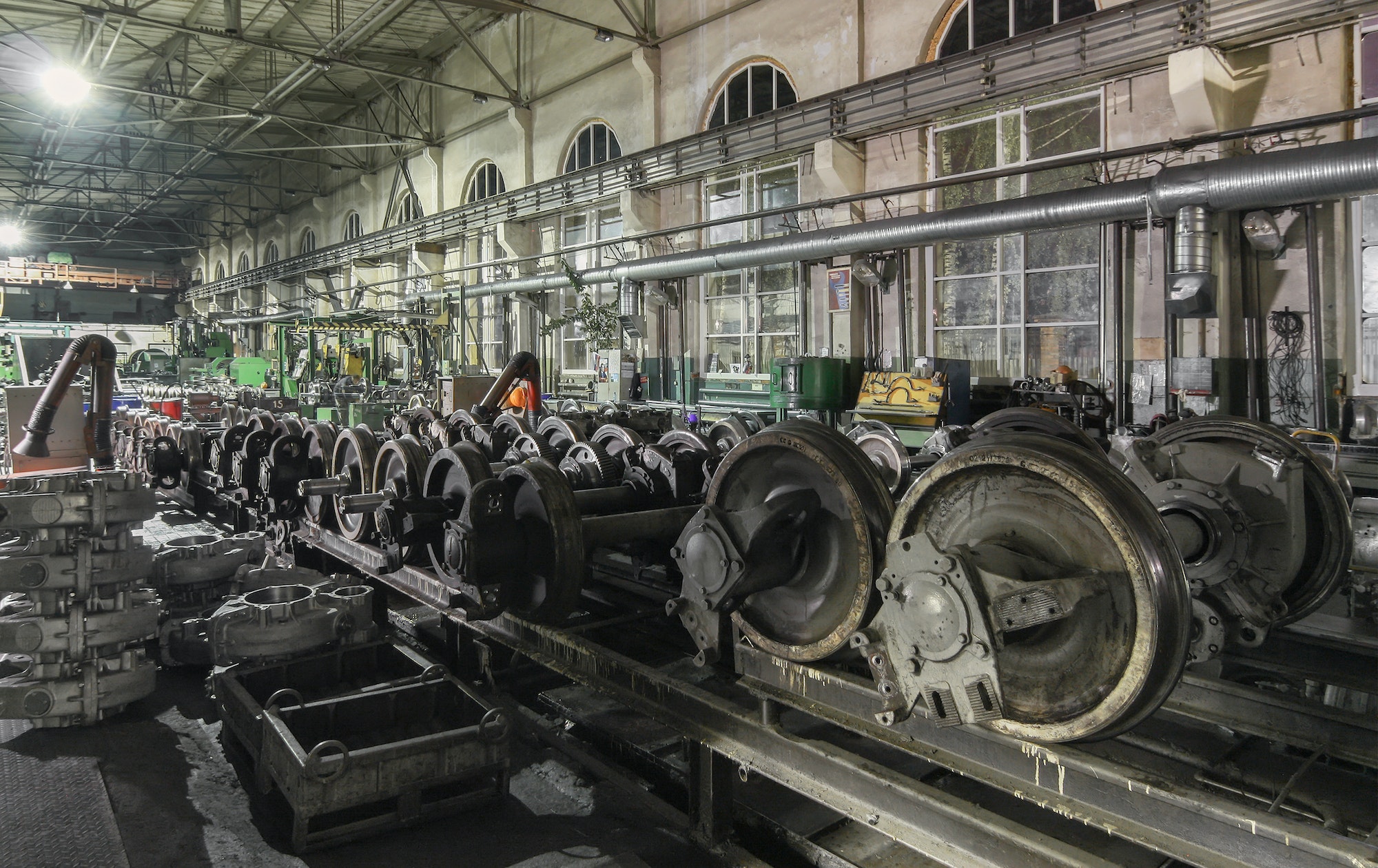 Many railway wheels in the factory